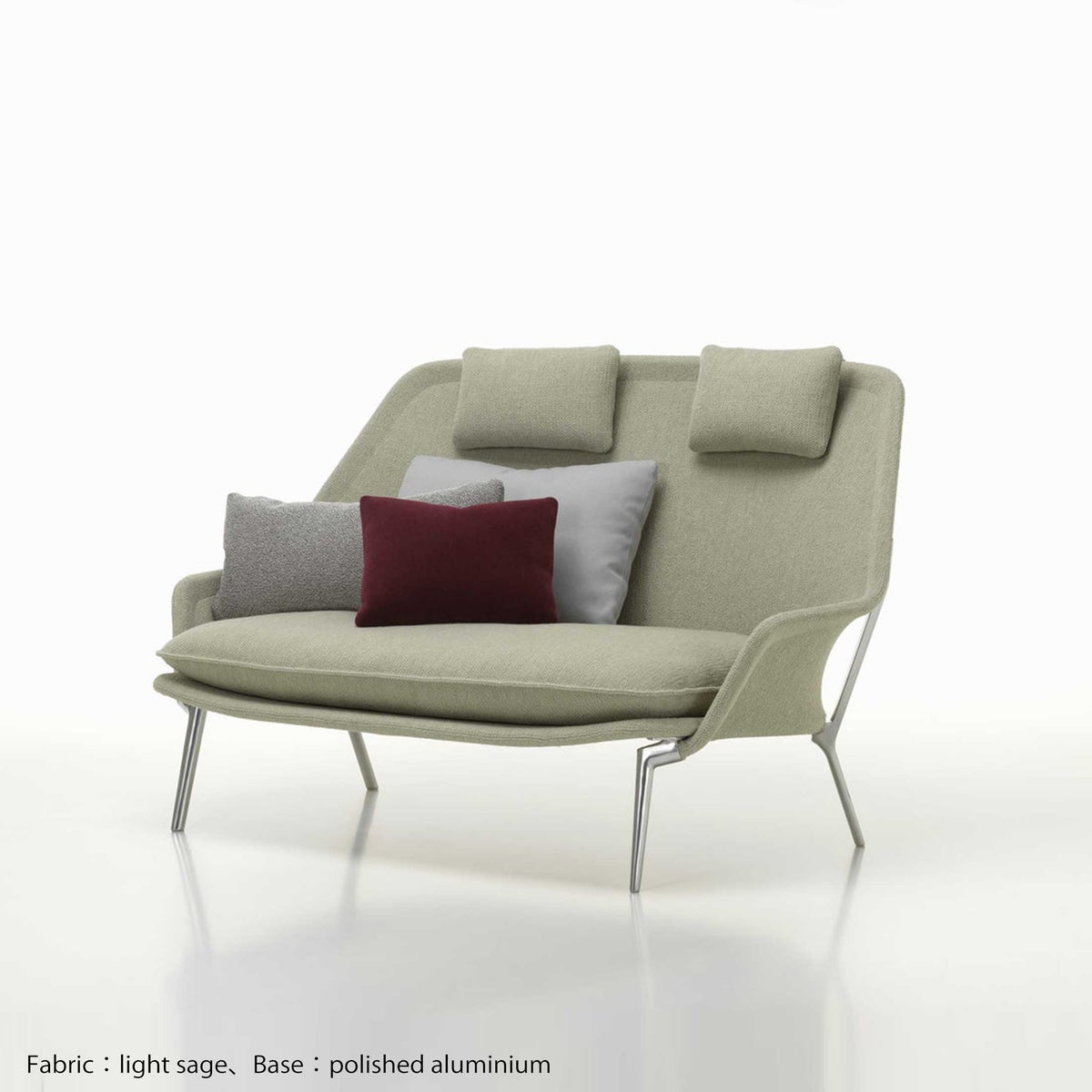 Vitra（ヴィトラ） / Slow Sofa (スローソファ) / Flocca (フロッカ）カバーカラー：ベージュ / ベース：アルミポリッシュ / バッククッション 65×30cm Kvadrat Reflex 0449 / バッククッション 40×30cm Hola 03 chestnut / バッククッション 60×40cm Dedar A perfect Flower col.003 / ネッククッション付